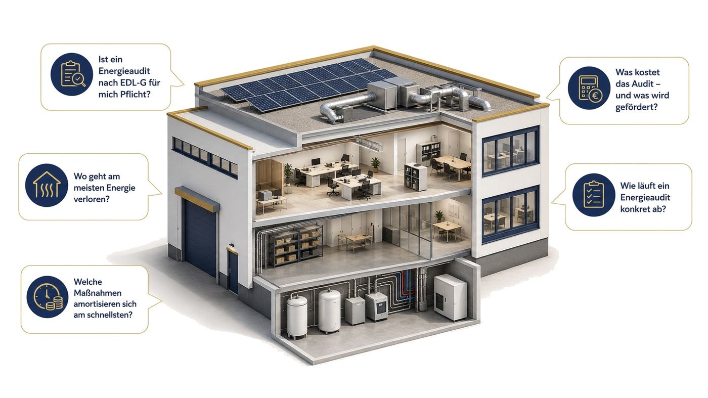 Schnittmodell eines Gewerbegebäudes mit typischen Fragen zum Energieaudit. Die Fragen und Antworten stehen unter dem Bild.
