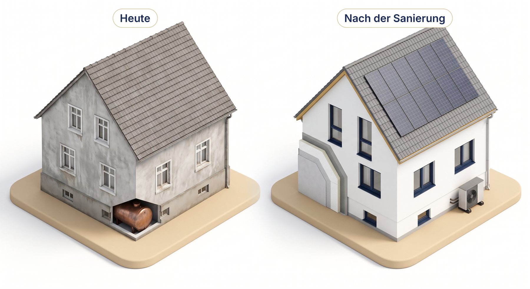 Dasselbe Einfamilienhaus heute mit grauem Altputz, alten Fenstern und Öltank und nach der Sanierung mit gedämmter Fassade, neuen Fenstern, Photovoltaik und Wärmepumpe